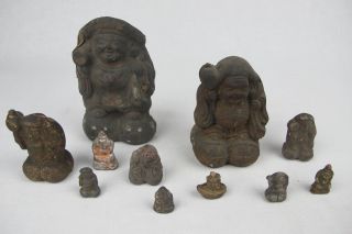 554 Antique Japanese 11 Assorted Lucky God Figurines Okimono Folk Art Mingei photo