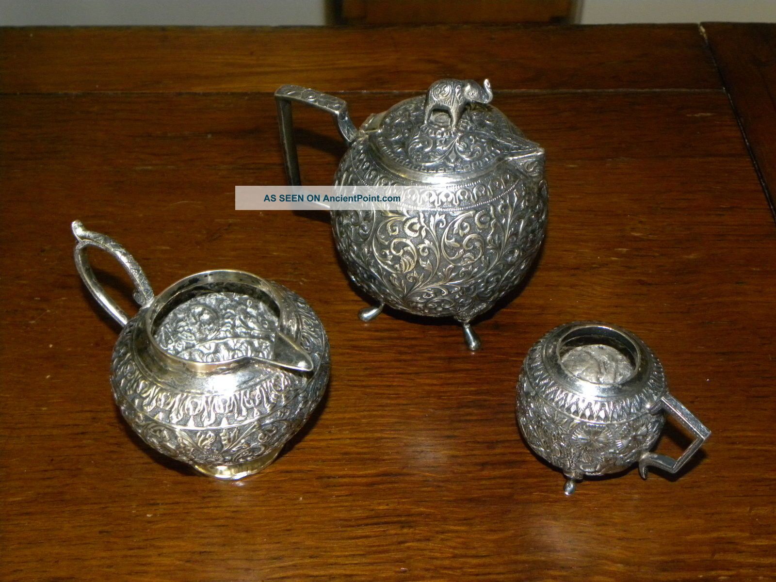 Antique19th C Indain Cutch Solid Silver Repousse Teapot,  Cup & Creamer C1880 N/r India photo