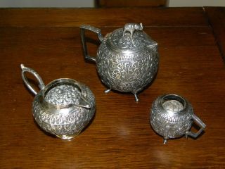 Antique19th C Indain Cutch Solid Silver Repousse Teapot,  Cup & Creamer C1880 N/r photo