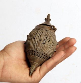 Indian Antique Hand Crafted Engraved Brass Coconut Shape Betel Box - A4476 - R11 photo