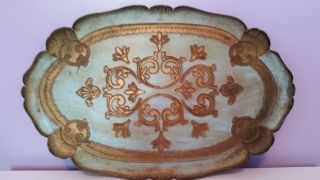 Vintage Blue Gold Italian Florentine Gilt Wood Tray photo