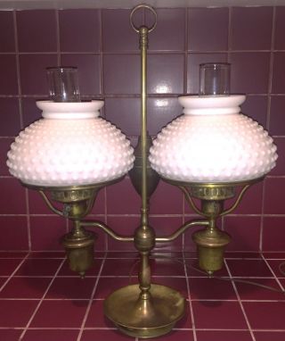 Vintage Brass Double Student Lamp W/hobnail Milk Glass Glass & Clear Chimmnies photo