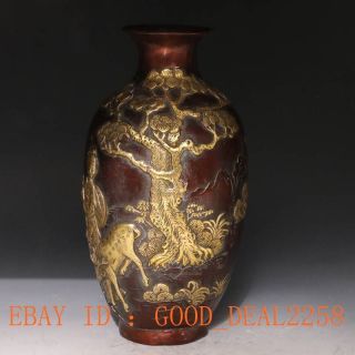 Bronze Gilt Handwork Craved Deer & Pine Tree & Kid Vase W Qing Dynasty Mark photo