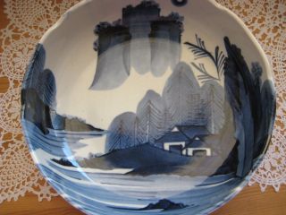 Rare Old Vintage Japanese Hand Painted Blue & White Bowl,  Signed,  10 