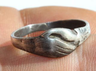 Roman Silver Wedding Ring,  Clasp Hands Circa 200 Ad photo