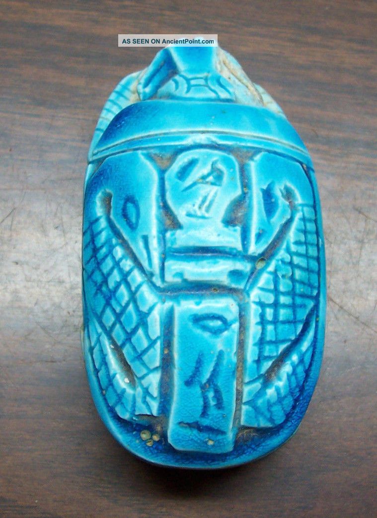 Egyptian Faience Blue/green Carved Stone Scarab Beetle Hieroglyphics Inscription Egyptian photo