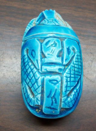 Egyptian Faience Blue/green Carved Stone Scarab Beetle Hieroglyphics Inscription photo