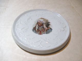 Antique Porcelain Round Trivet Hot Plate With Picture Of Native American Chief photo