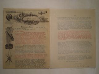 Antique 1914 C G Conn Elkhart,  In Lettter Letterhead Musical Instrument Graphic photo