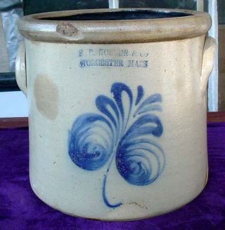 Antique F.  B.  Norton Worcester Mass.  Primitive Stoneware Crock W/ Blue Decor.  N/r photo