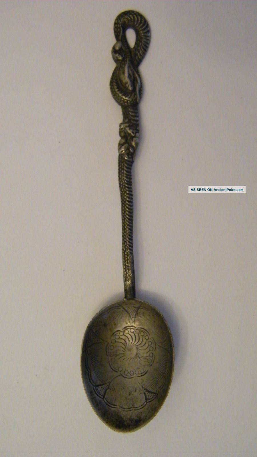 Antique 1930s Nagasaki Japan 84 Silver Souvenir Spoon Snake Handle,  Patina Asia photo