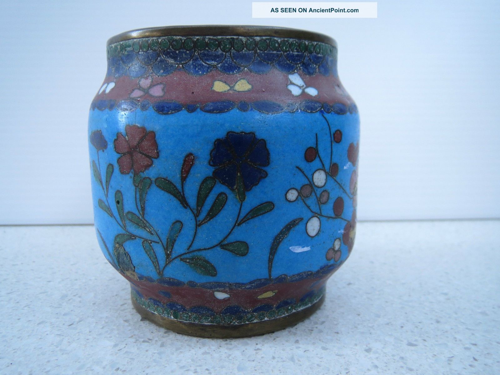 Antique Cloisonne Bowl Floral Decoration Handmade Blue Enamel Brass Wire Bowls photo