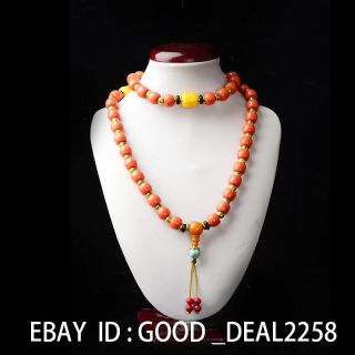 China Collectibles Handwork Red Coral & Beeswax Toyed Prayer Bead Necklace photo