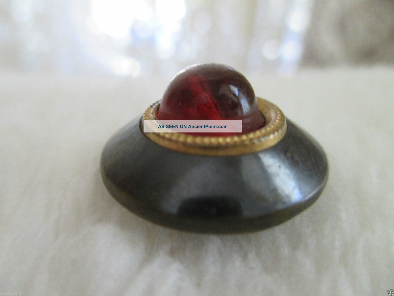 Antique Red Glass Cabochon Gilt Brass Center Dk Tint Brass Waistcoat Button Buttons photo