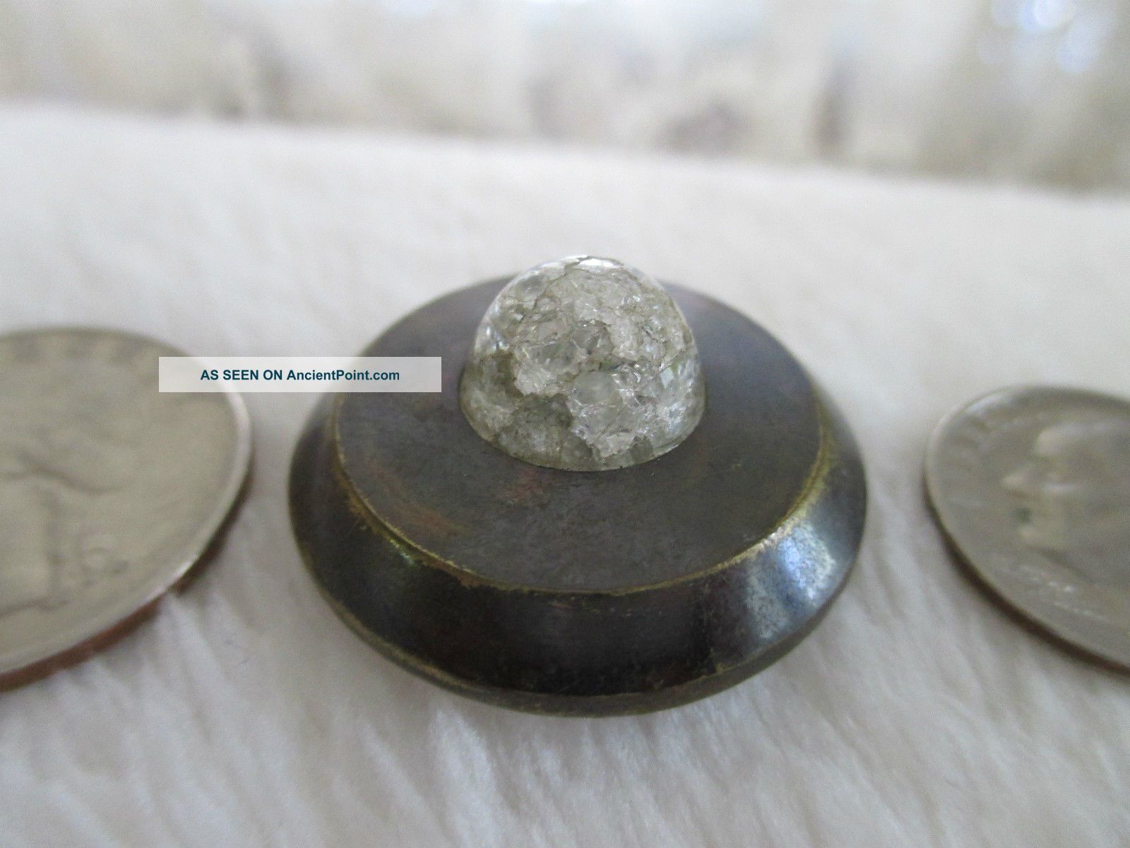 Antique 19th Century Clear Crackle Glass Cabochon Brass Metal Button 1 - 1/16 