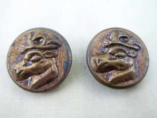 Antique Vintage Two (2) Stamped Brass Picture Buttons - Reindeer Or Stag 5/8 