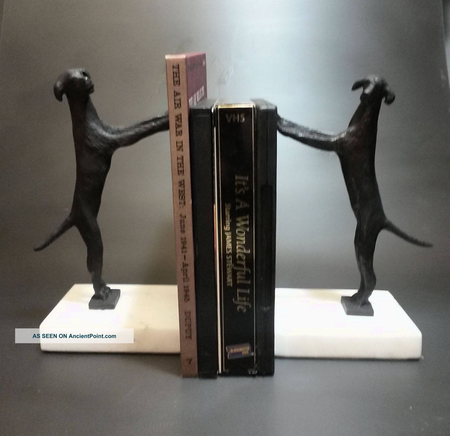 Vintage Bronze Standing Dog Bookends On Crystal Marble Base Metalware photo