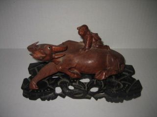 Vintage Asian Carved Rosewood Water Buffalo With Rider And Stand photo