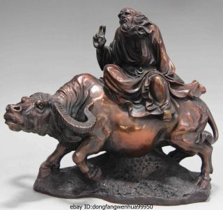 Pure Red Bronze Standing Great Philosopher Founder Taoism Laozi Ride Ox Statue photo