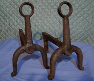 Rare Antique Wrought Cast Iron Diminutive Keyhole Fireplace Andirons Fire Dogs N photo