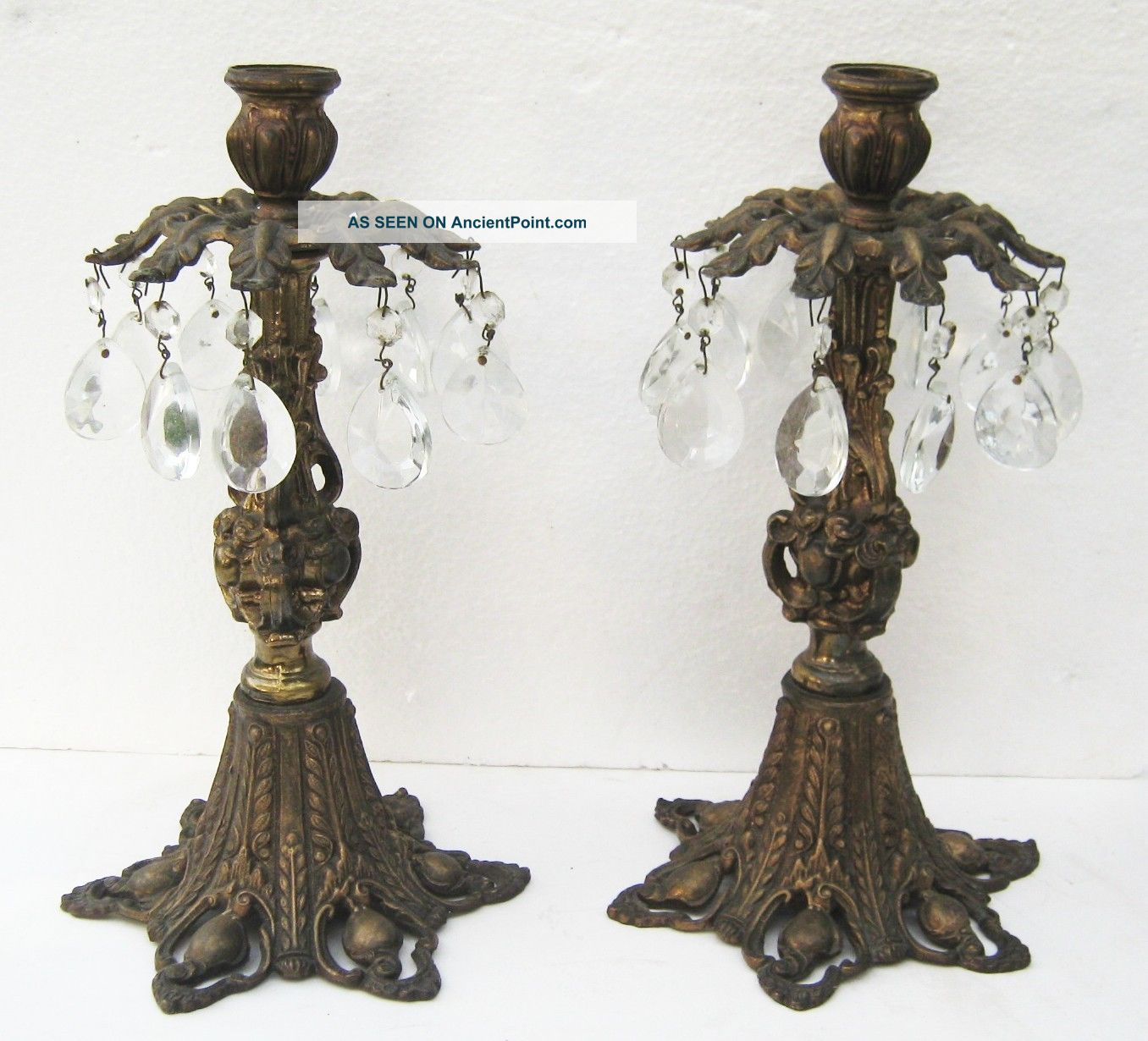 Gothic Victorian Mid - Century Candle Holders Lamps With Crystal Prisms. Metalware photo