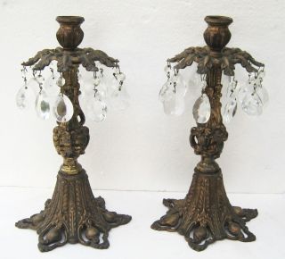 Gothic Victorian Mid - Century Candle Holders Lamps With Crystal Prisms. photo