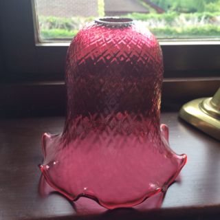 Viintage Cranberry Diamond Patterned Fluted Glass Lamp Shade photo