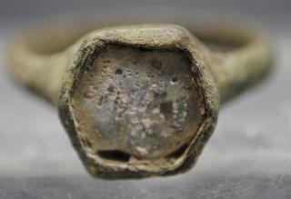 Medieval Bronze Finger Ring With Glass Insert 13th - 15th Century Ad photo