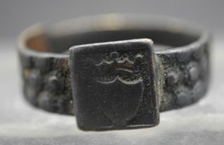 Medieval Bronze Finger Ring With Shield And Crown Design 15th Century photo