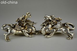 China Collectible Handwork Old Tibet Silver Carve Pair Dragon Guarder Statue photo