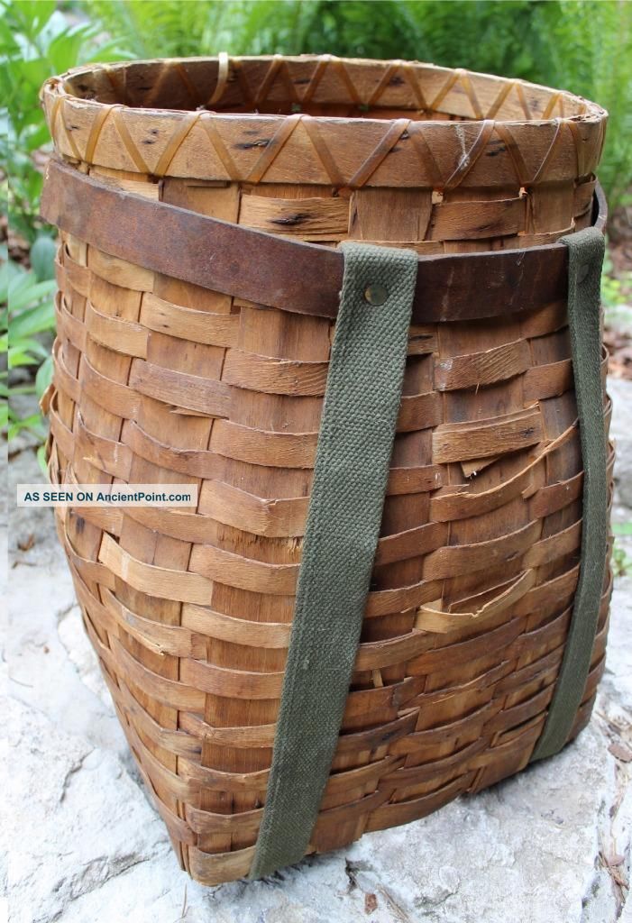 Antique Adirondack Woven Ash Pack Basket - Native American Style Oiled Sinew Rim Primitives photo