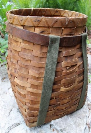 Antique Adirondack Woven Ash Pack Basket - Native American Style Oiled Sinew Rim photo
