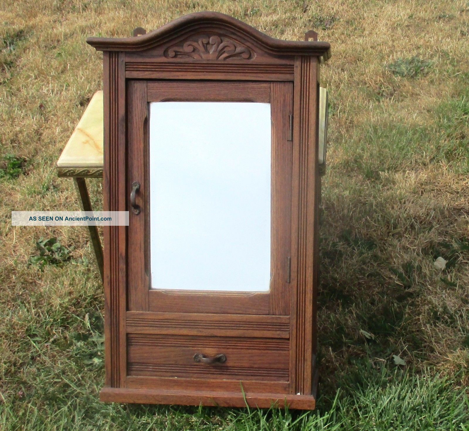 Antique Carved Wood Medicine Bathroom Cabinet Beveled Glass Mirror Apothecary 1900-1950 photo