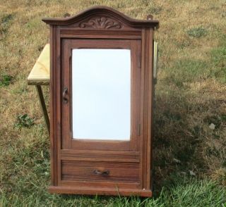 Antique Carved Wood Medicine Bathroom Cabinet Beveled Glass Mirror Apothecary photo