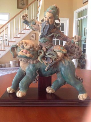 Antique Chinese Roof Tile Warrior Riding Foo Dog Ceramic Sculpture On Stand photo