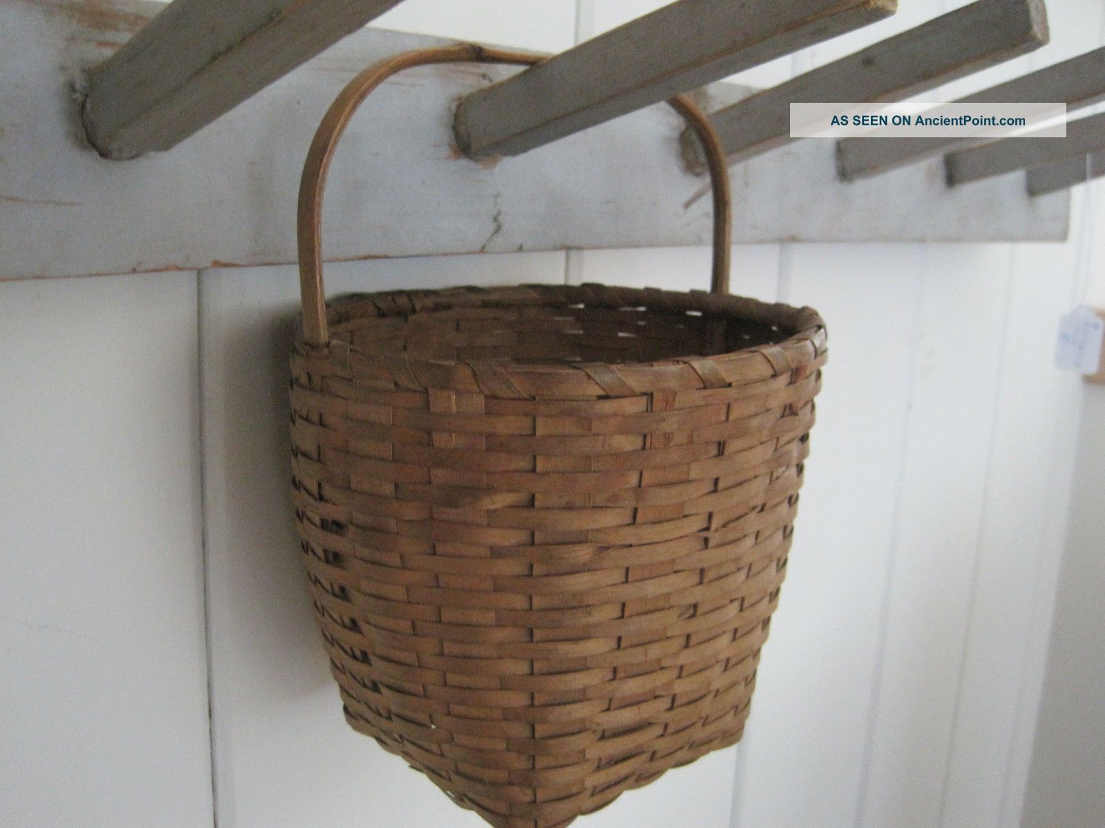 Old Primitive Small Basket With A Hand Carved Wood Handle Fantastic Old Patina Primitives photo