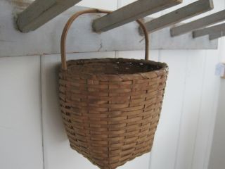 Old Primitive Small Basket With A Hand Carved Wood Handle Fantastic Old Patina photo