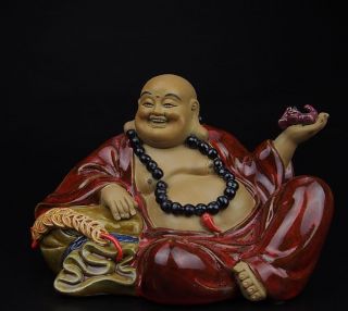 China Pottery Wucai Porcelain Home Money Bat Fu Sit Happy Maitreya Buddha Statue photo