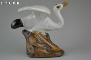 Collectible Antique Handwork Old Porcelain Carve Crane Lucky Lifelike Statue photo
