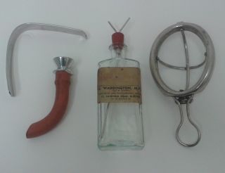 Anaesthesia Kit With Mask & Vintage Drip Bottle & Tongue Depressor & Airway Etc photo