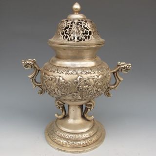 Chinese Vintage Handwork Silver Bronze Pixiu Incense Burner & Lid photo