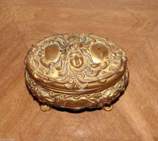 Vtg Art Nouveau Antique Gilt Bronze Jewel Casket Box Lady Maiden Faces photo