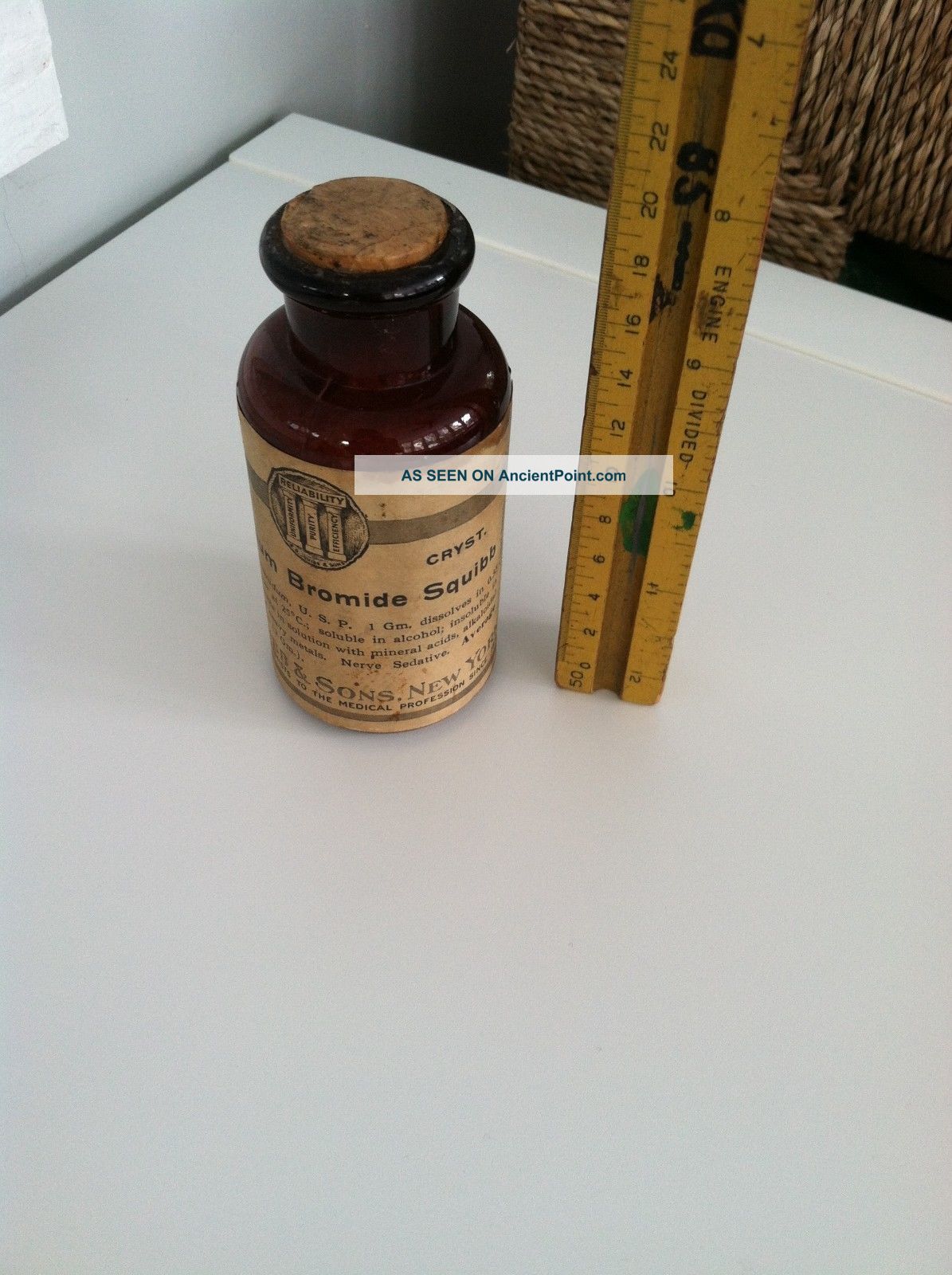 Antique Strontium Bromide Squibb Medicine Bottle,  Cork,  Label,  Contents,  Amber Bottles & Jars photo