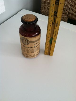 Antique Strontium Bromide Squibb Medicine Bottle,  Cork,  Label,  Contents,  Amber photo