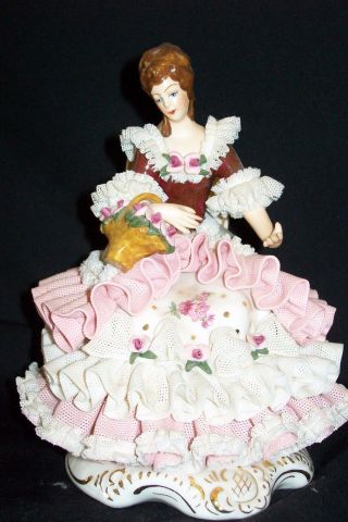 Large Antique German Porcelain Seated Dresden Lace Victorian Lady Figurine photo