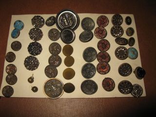 Antique Victorian Picture Button Cut Steel Glass Figural Mirror Back Vtg 48pc photo