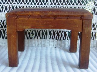 Antique Tall Old Oak (i Think) Foot Stool With Leather Upholstery photo