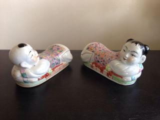 Fine Old Pair Chinese Porcelain Boy Girl Famille Rose Pillows Pillow Rest Wow Nr photo
