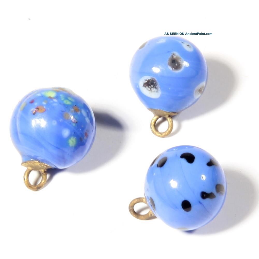 (3) 12mm Czech Antique Lampworked Blue Spatter Marble Overlay Ball Glass Buttons Buttons photo