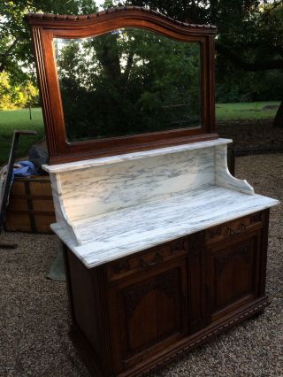 Ornate Oak And Marble Wash Stand With Mirror photo